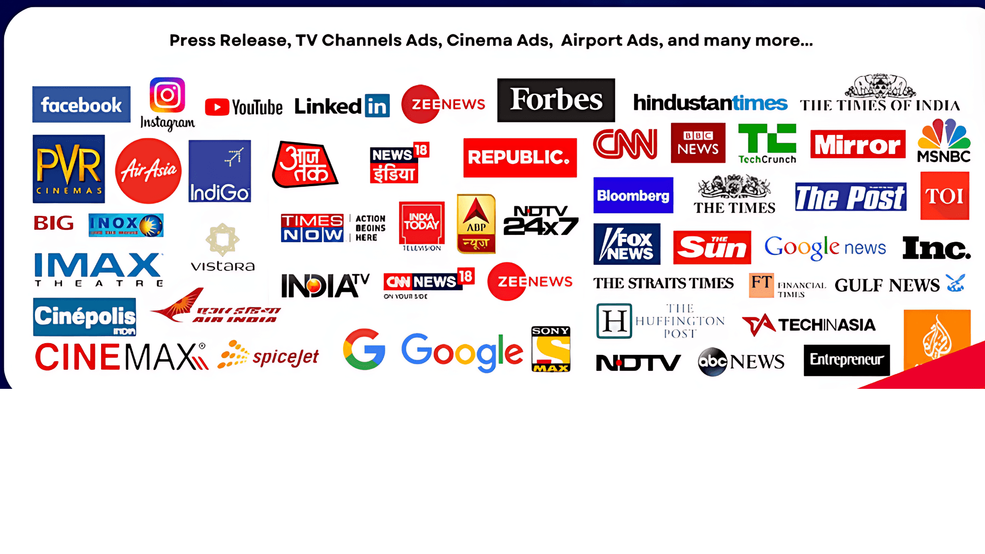 A collage of logos from various media outlets, social media platforms, airlines, and cinema chains.